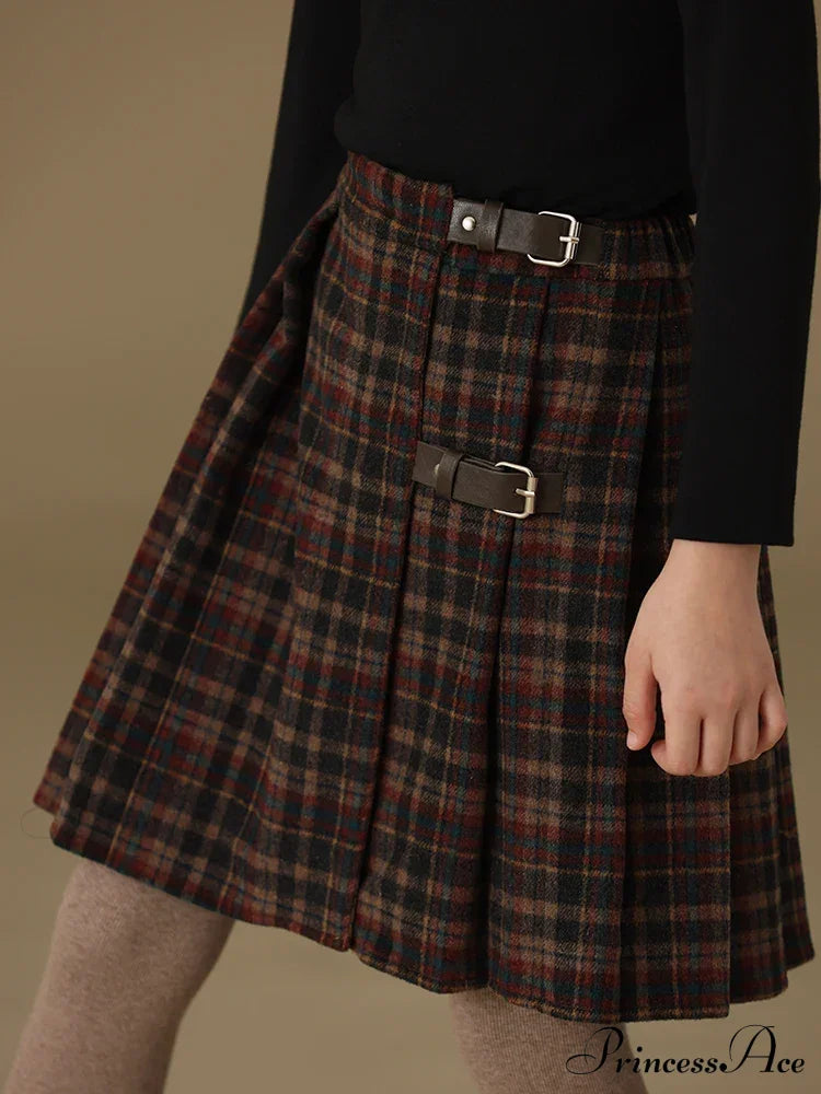 Children’s Retro Plaid Wool Casual Thick Pleated Autumn Winter Skirt