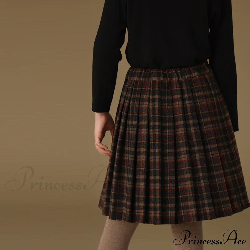 Children’s Retro Plaid Wool Casual Thick Pleated Autumn Winter Skirt