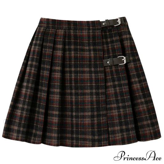 Children’s Retro Plaid Wool Casual Thick Pleated Autumn Winter Skirt Brown / 3T Size 100