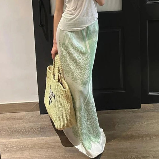 Chinese Style Floral High Waist A-Line Skirt photo color / S skirt-250126