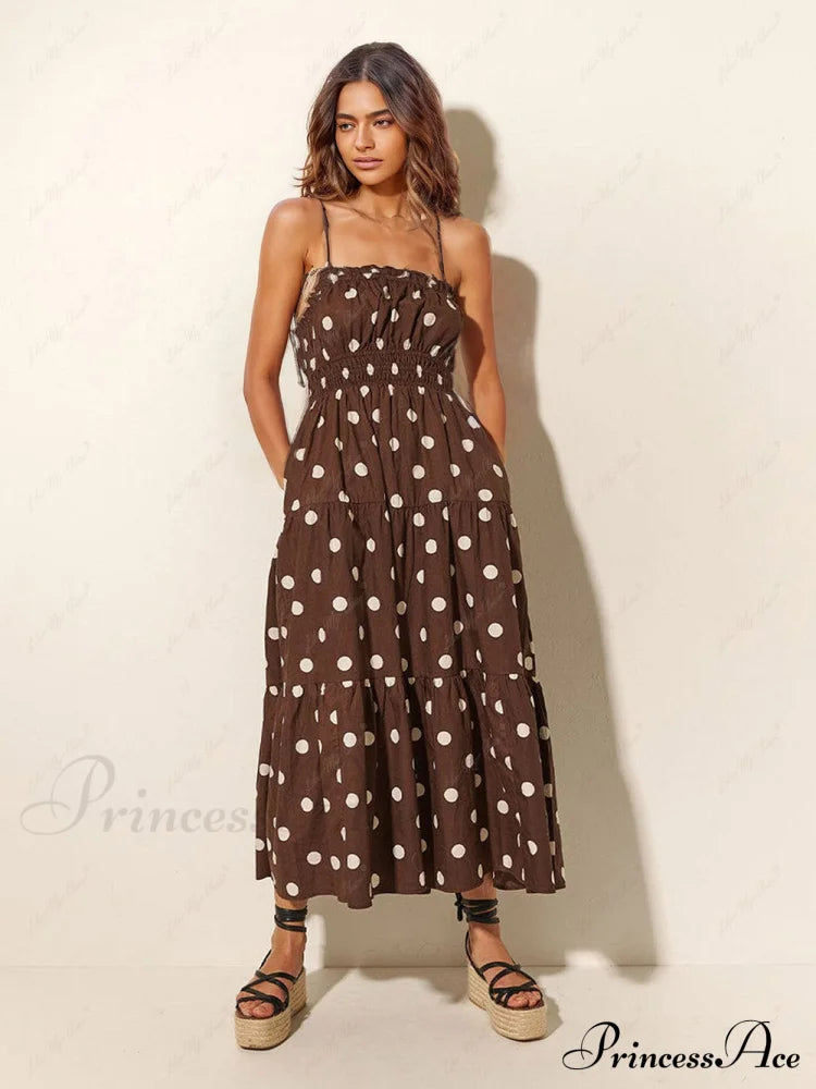 Chocolate And Ivory Polka Dot Trendy Print Pleated Elastic Strap Dress Brown / S Dresses