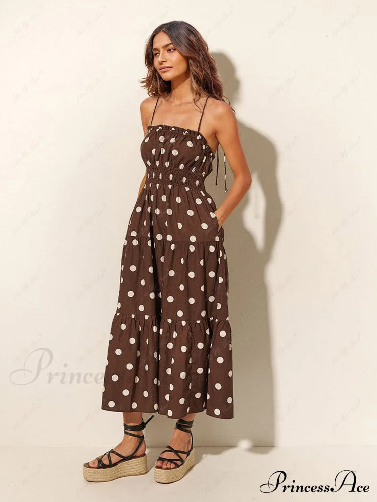 Chocolate And Ivory Polka Dot Trendy Print Pleated Elastic Strap Dress Dresses