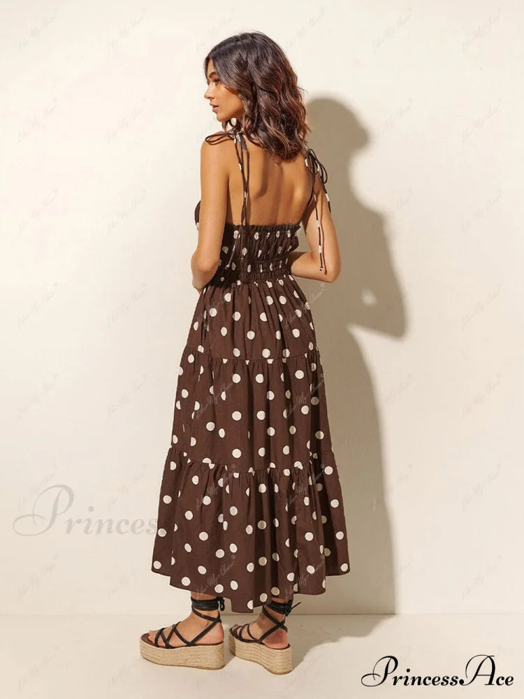 Chocolate And Ivory Polka Dot Trendy Print Pleated Elastic Strap Dress Dresses