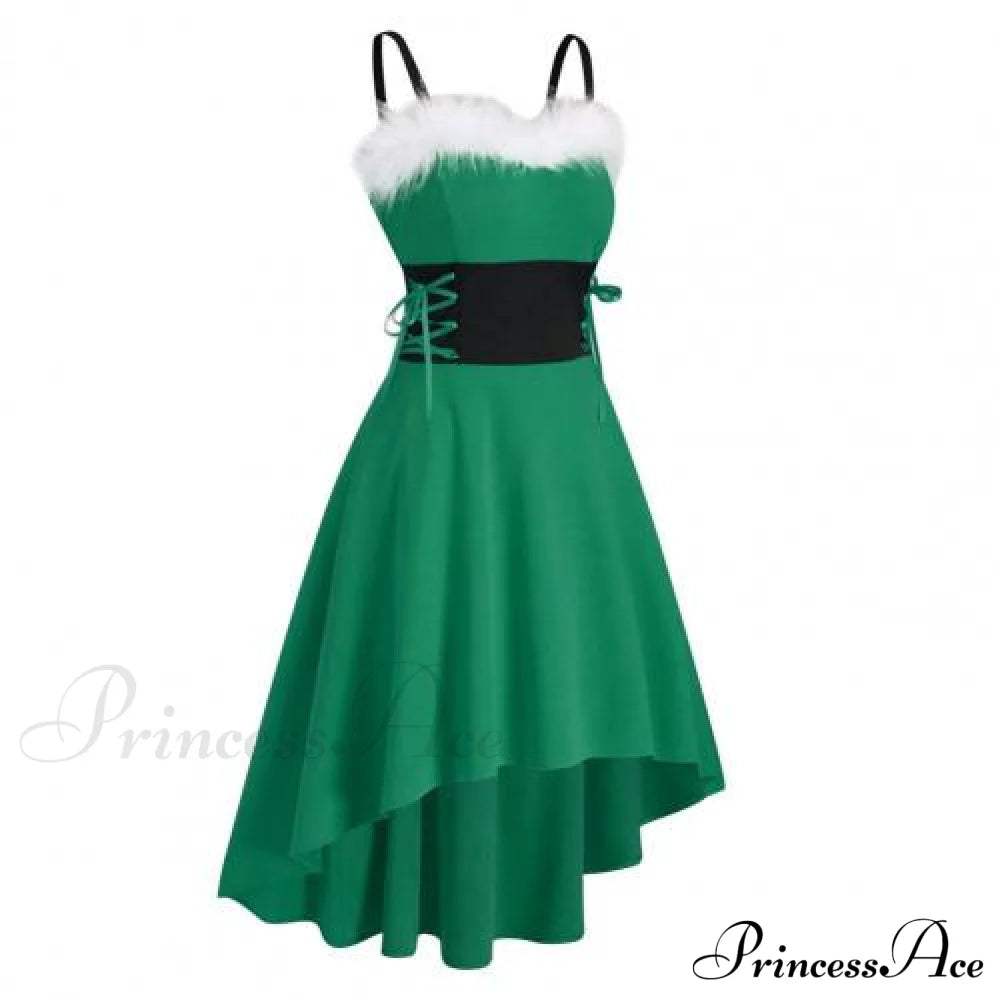 Christma Off Shoulder Contrast Color Patchwork High Low Dress Green / M