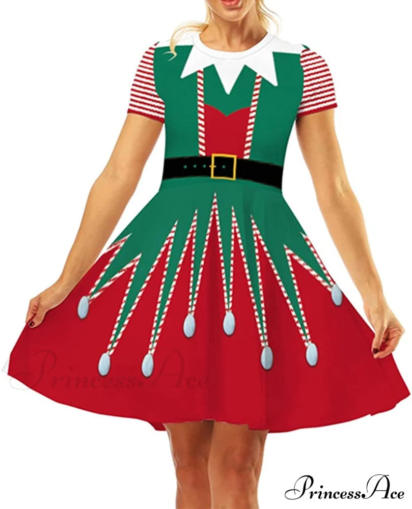 Christmas 3D Print Short Sleeve Unique Casual Flared Midi Dress Happy Elf / Large-X-Large