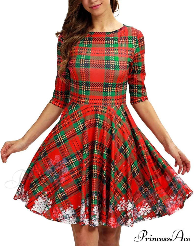 Christmas 3D Print Short Sleeve Unique Casual Flared Midi Dress Plaid Snowflake / Large-X-Large