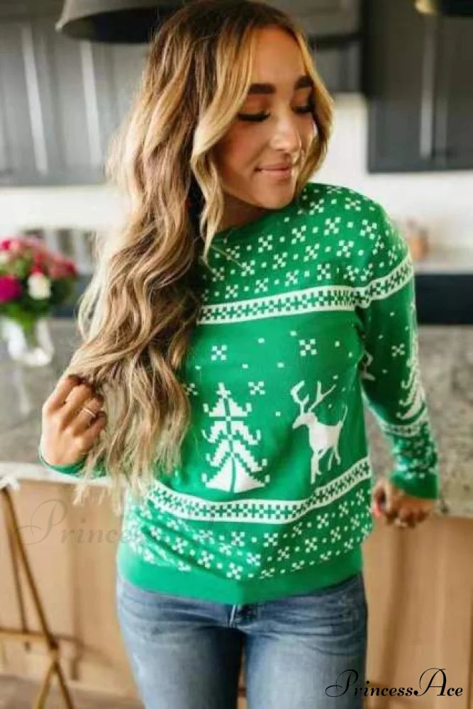 Christmas Classic Deer Printed Knitted Sweater Green / S Sweaters-L