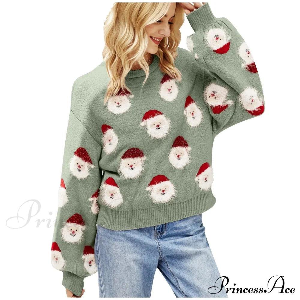 Christmas Cozy Cute Santa Head Round Neck Casual Oversized Warm Winter Sweater Green / S Sweaters-L