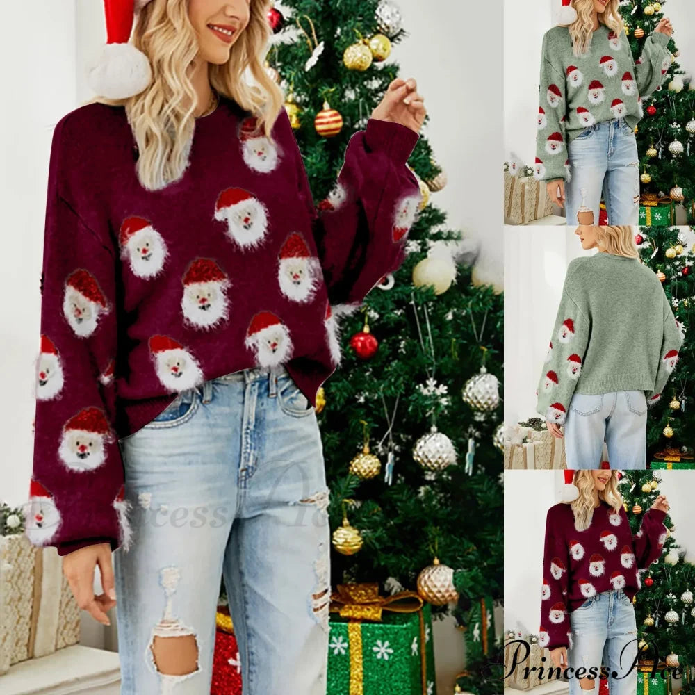 Christmas Cozy Cute Santa Head Round Neck Casual Oversized Warm Winter Sweater Sweaters-L