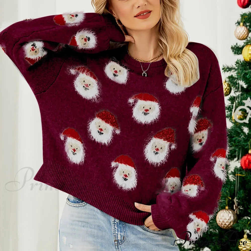 Christmas Cozy Cute Santa Head Round Neck Casual Oversized Warm Winter Sweater Sweaters-L