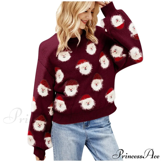 Christmas Cozy Cute Santa Head Round Neck Casual Oversized Warm Winter Sweater Wine / S Sweaters-L