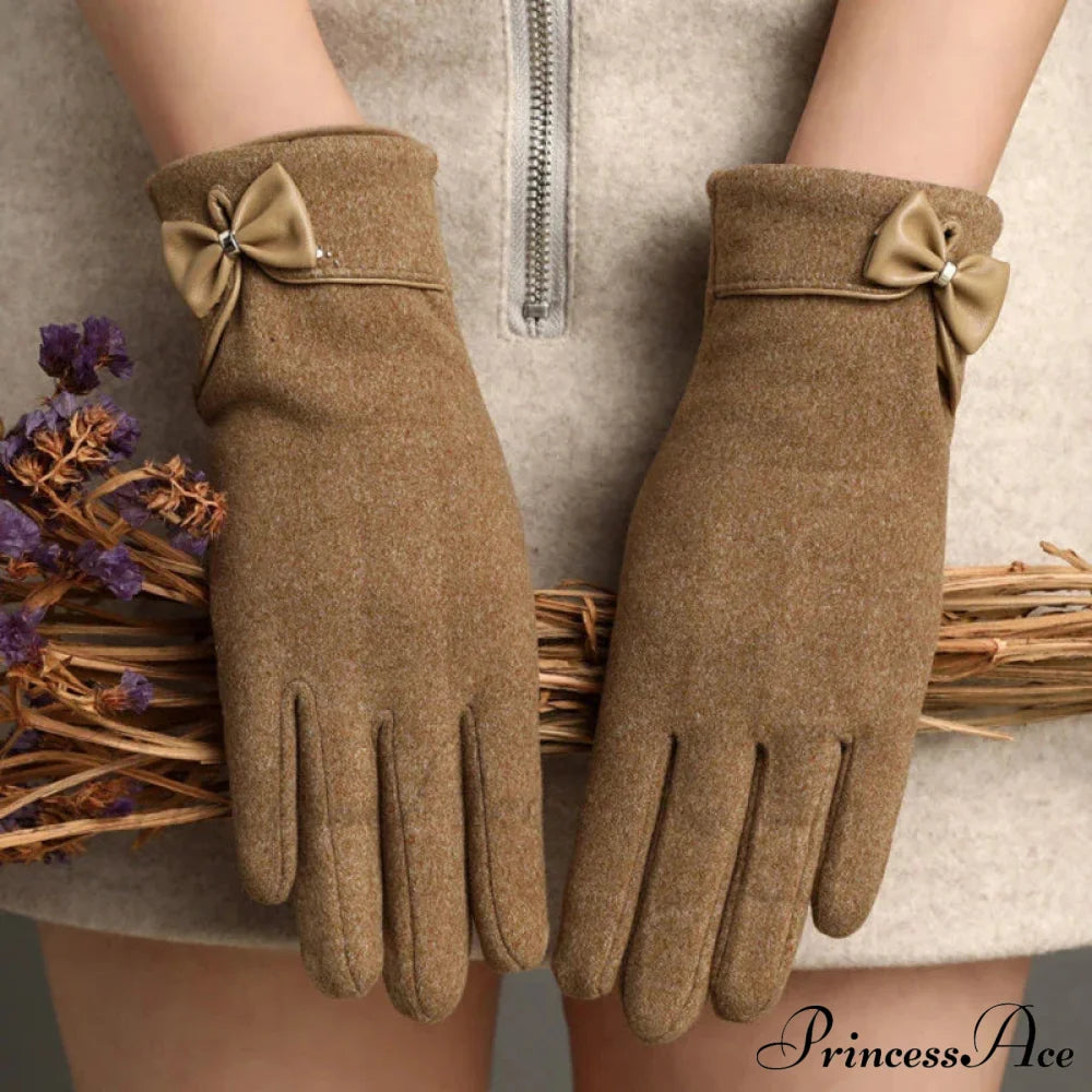 Christmas Cycling Gloves With Velvet Lining And Bow Detail Khaki Gloves-L