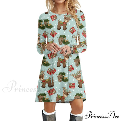 Christmas Deer Long Sleeve 3D Print Mini Dress