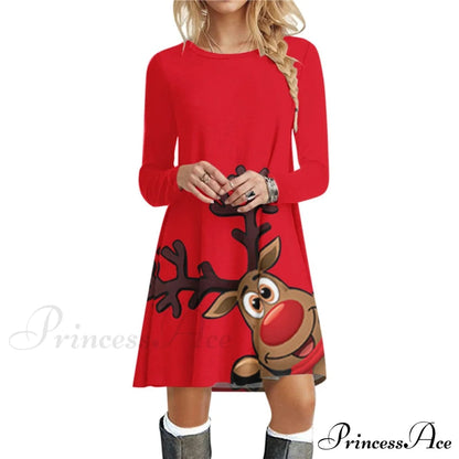 Christmas Deer Long Sleeve 3D Print Mini Dress