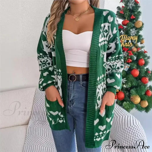 Christmas Deer Pocket Long Sleeve Cardigan Cardigan-241208