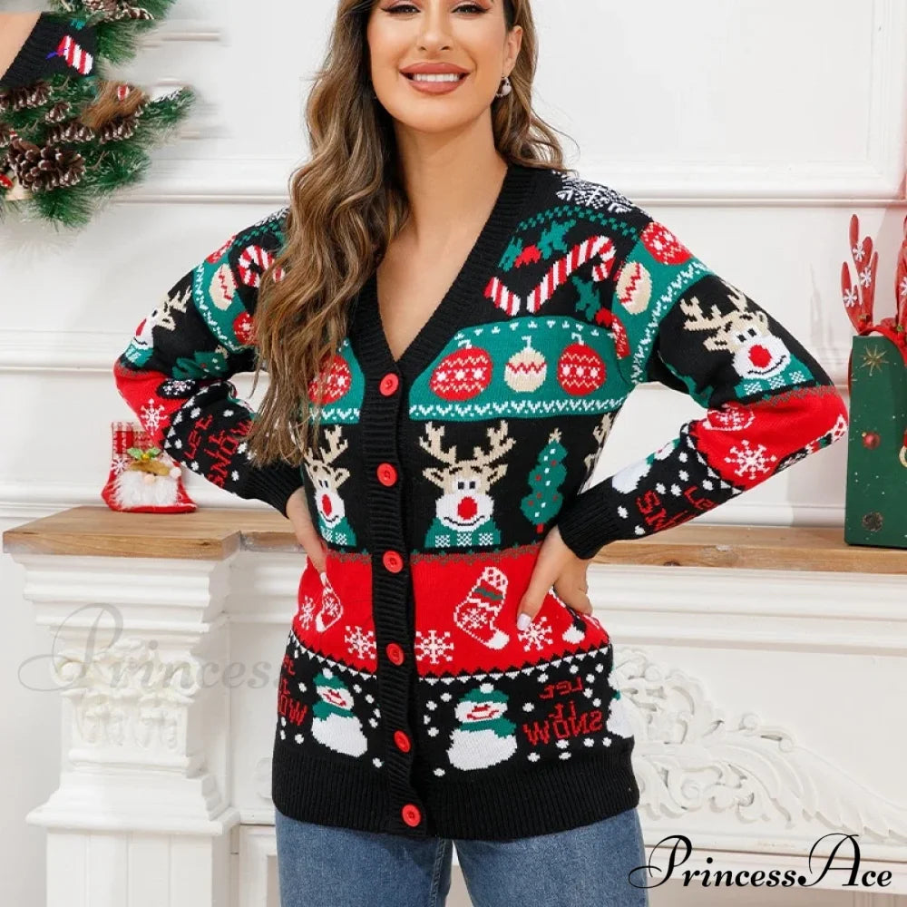 Christmas Deer Snowman Pullover Cardigan Cardigan-241208