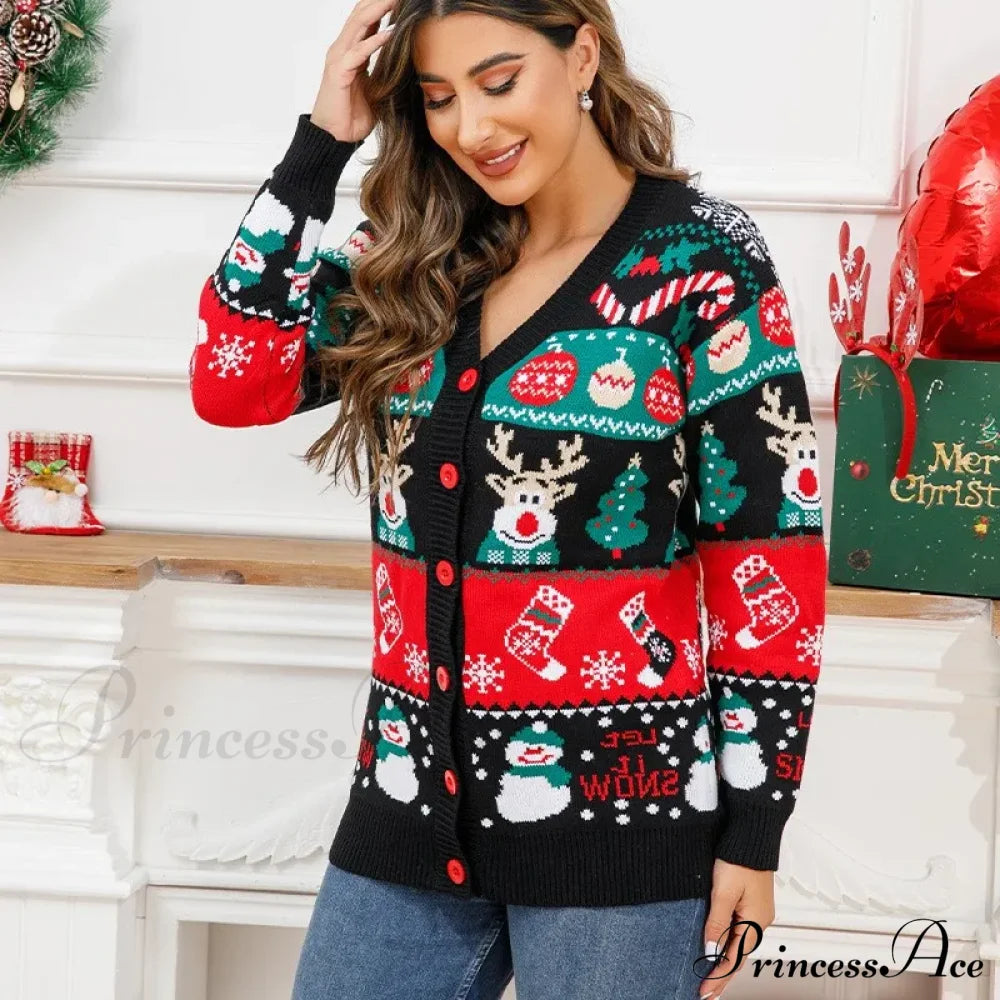 Christmas Deer Snowman Pullover Cardigan Cardigan-241208