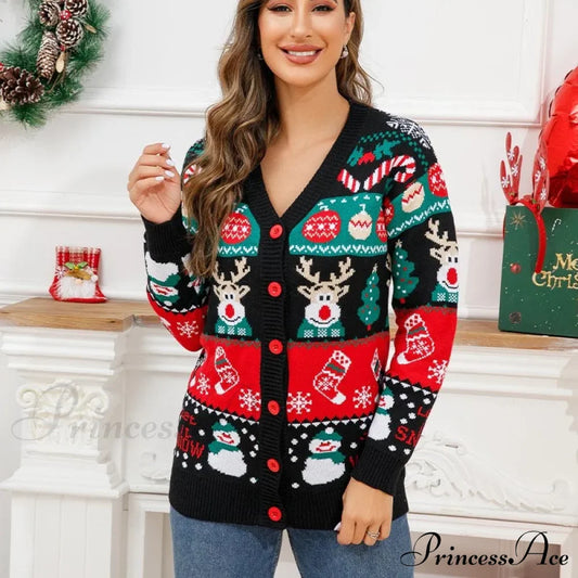 Christmas Deer Snowman Pullover Cardigan Cardigan-241208