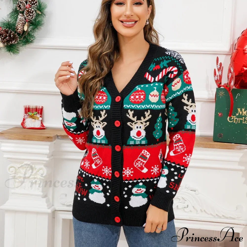 Christmas Deer Snowman Pullover Cardigan Black Style / S Cardigan-241208