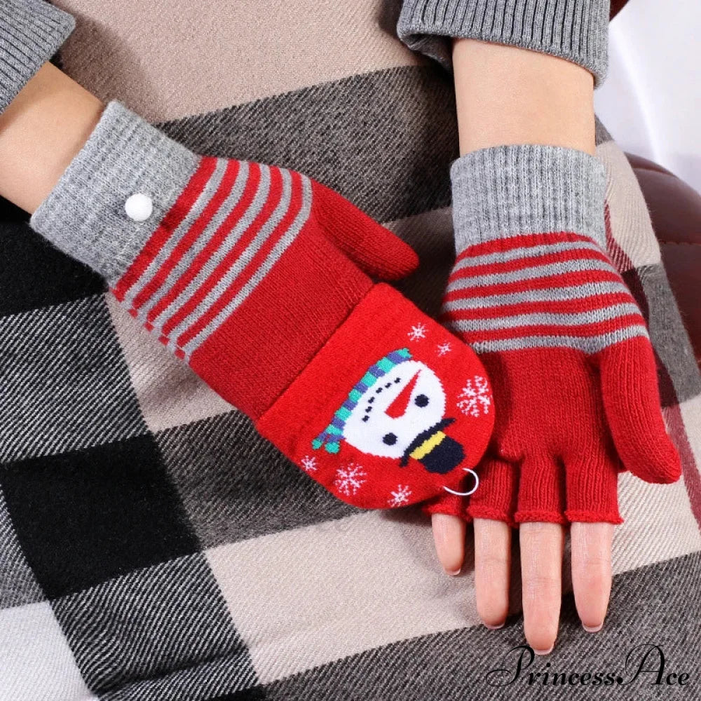 Christmas Elk Printed Knitted Flip Half Finger Winter Glove Gloves-L