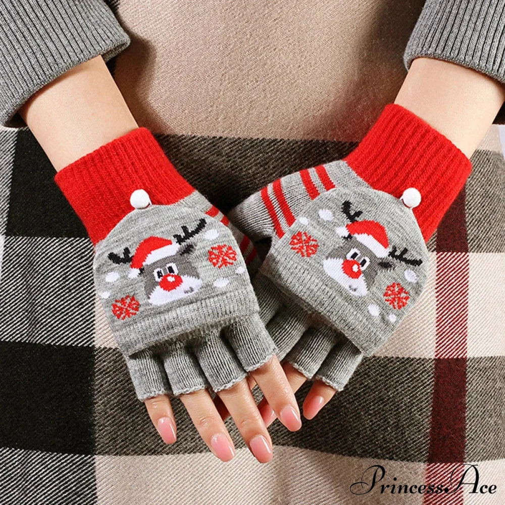 Christmas Elk Printed Knitted Flip Half Finger Winter Glove Gloves-L