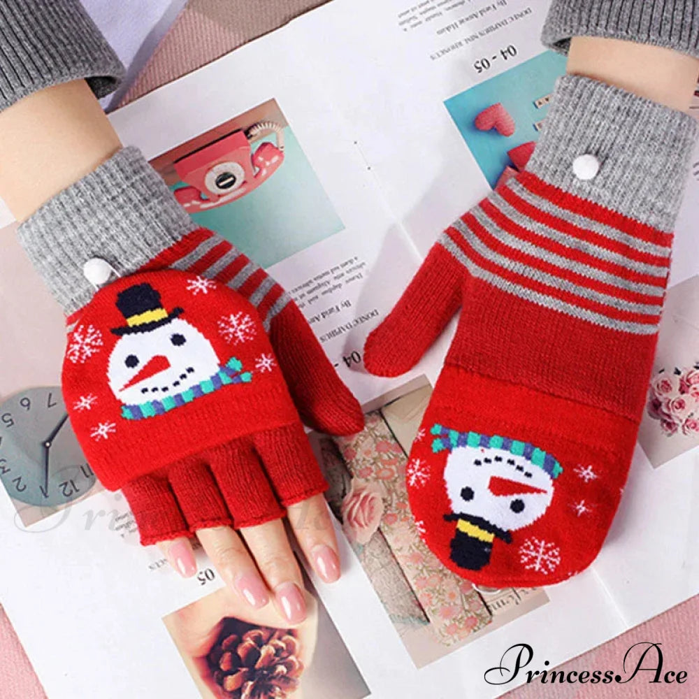 Christmas Elk Printed Knitted Flip Half Finger Winter Glove Gloves-L