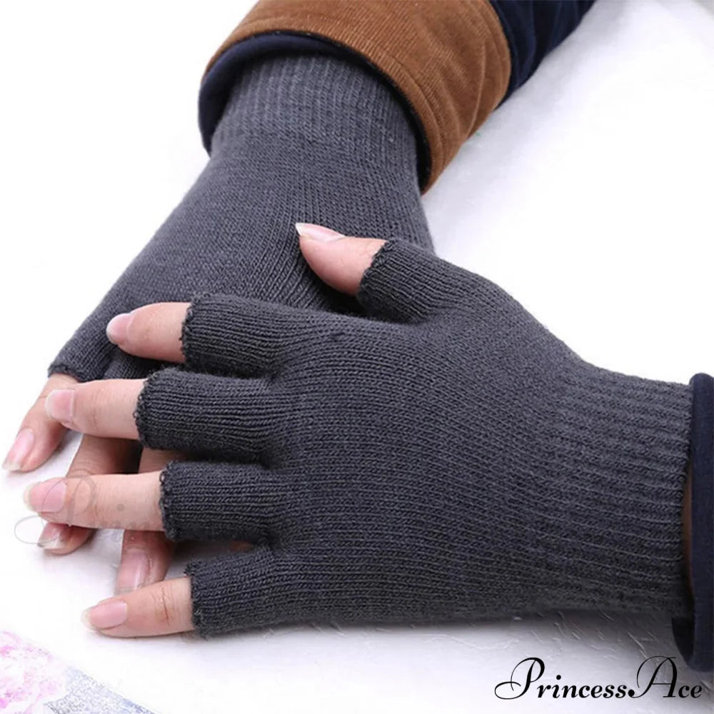 Christmas Elk Printed Knitted Flip Half Finger Winter Glove Gray Gloves-L