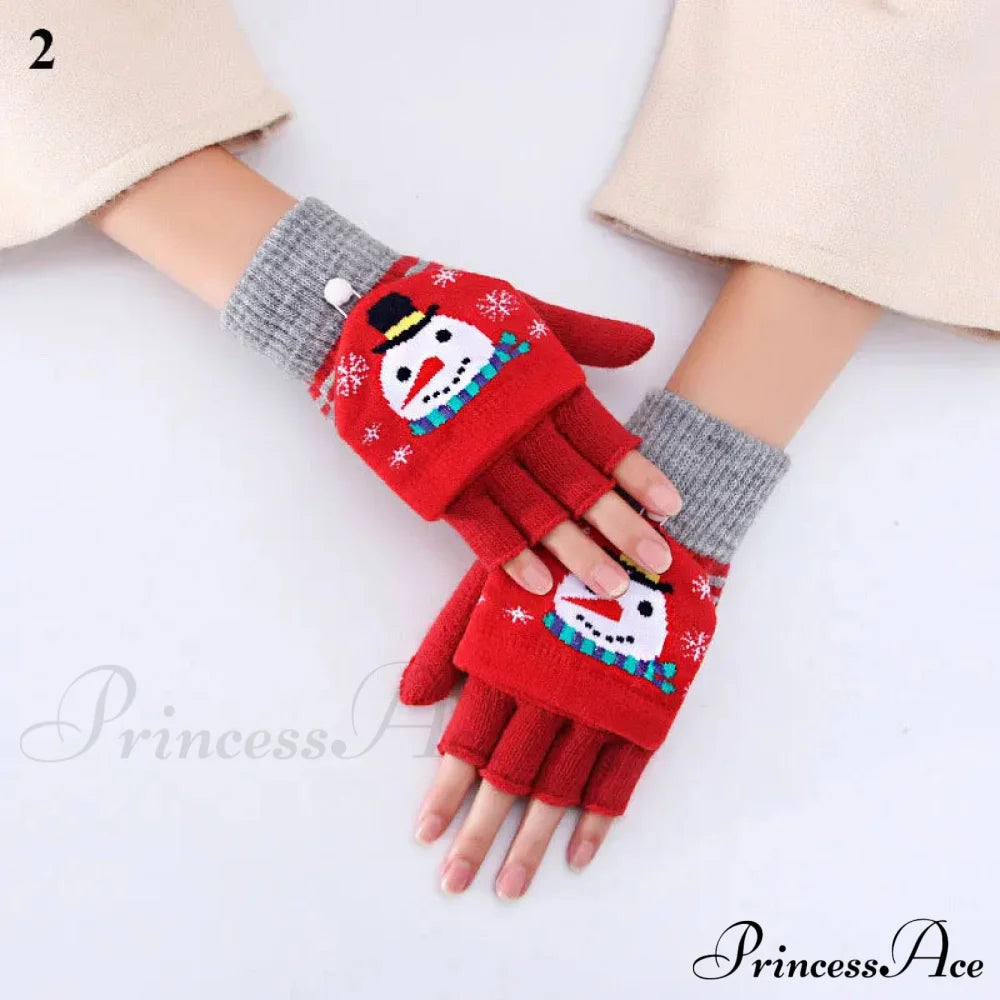 Christmas Elk Printed Knitted Flip Half Finger Winter Glove Red 2 Gloves-L