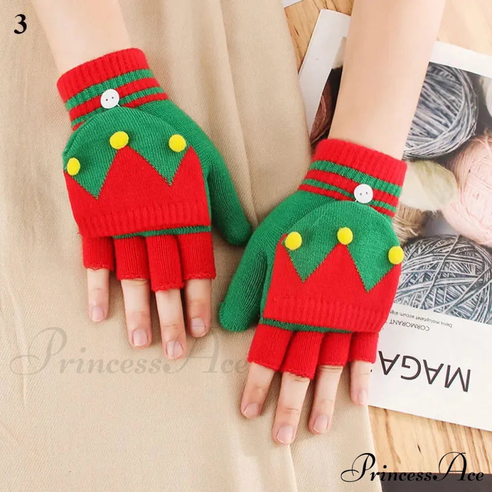 Christmas Elk Printed Knitted Flip Half Finger Winter Glove Red 3 Gloves-L