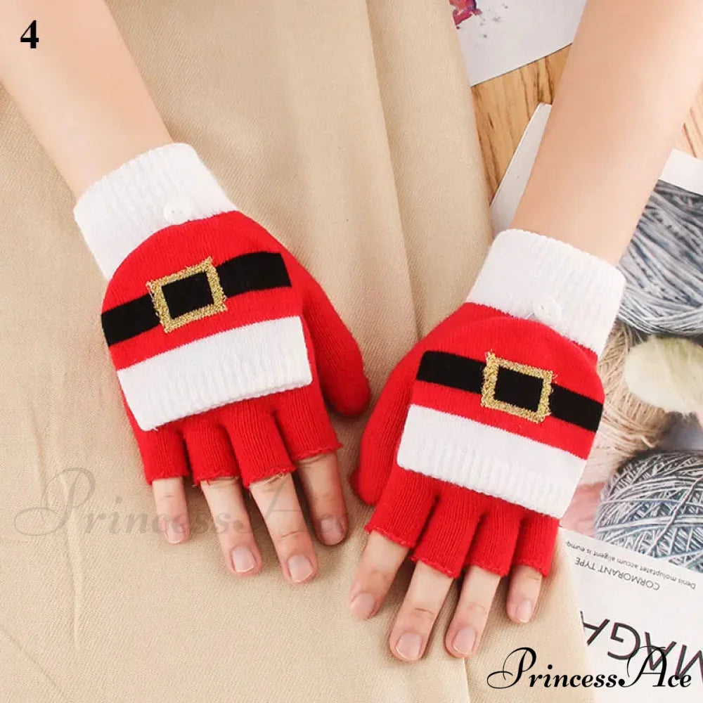 Christmas Elk Printed Knitted Flip Half Finger Winter Glove Red 4 Gloves-L