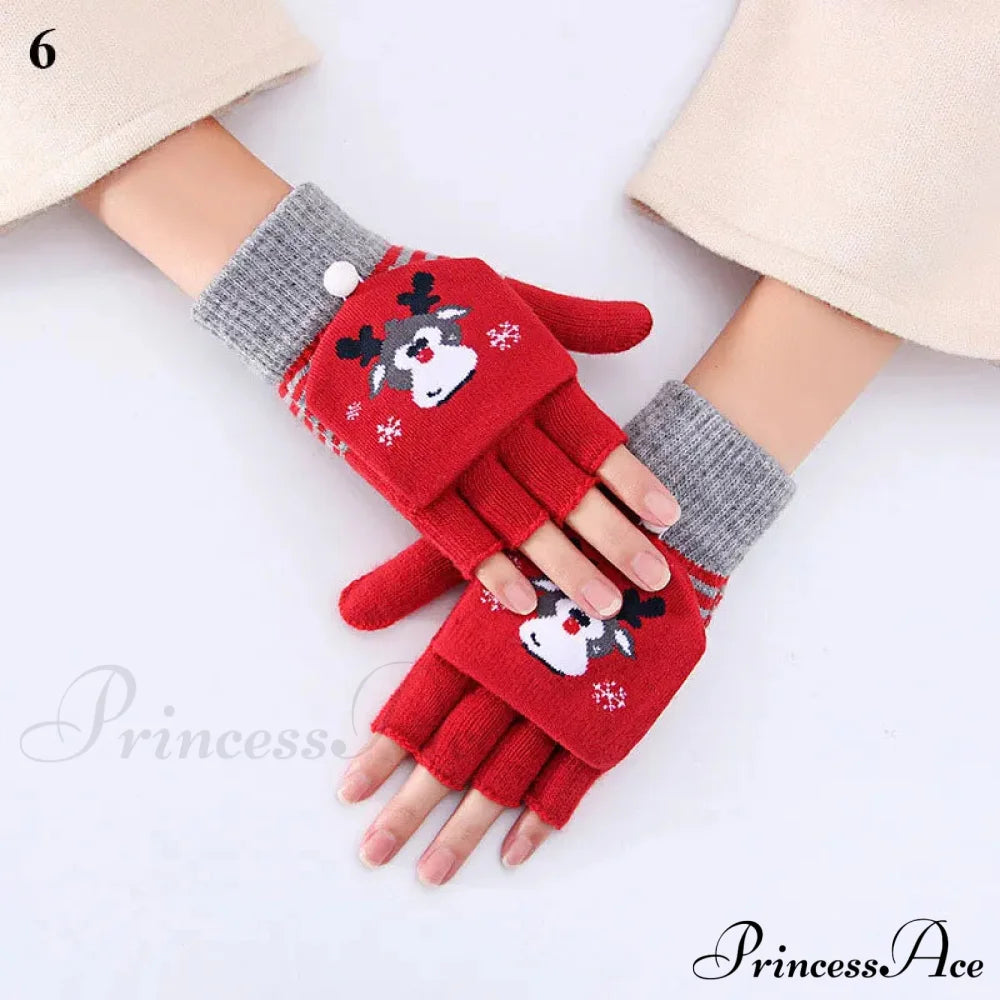 Christmas Elk Printed Knitted Flip Half Finger Winter Glove Red 5 Gloves-L