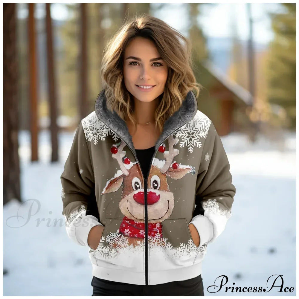 Christmas Fleece Deer Print Coat Green 1 / Xxs Coats-241208