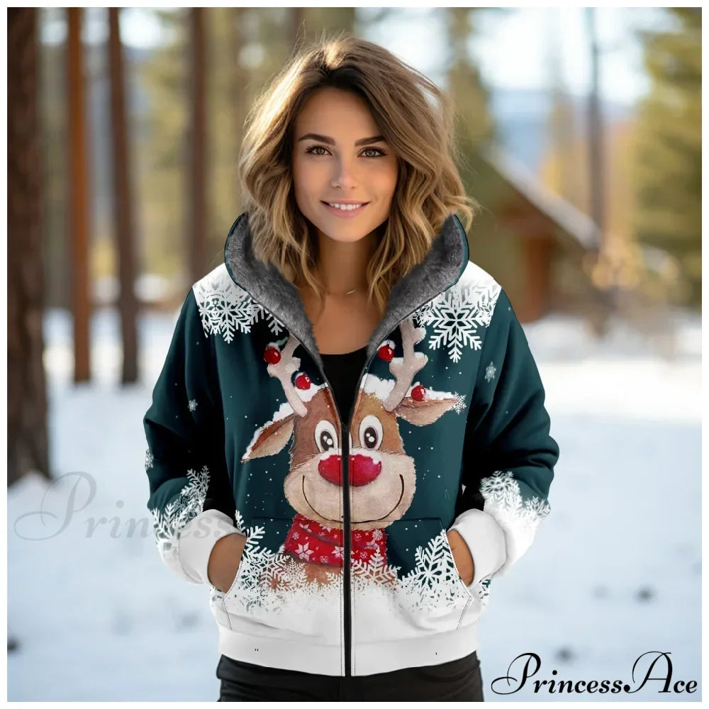 Christmas Fleece Deer Print Coat Green 2 / Xxs Coats-241208