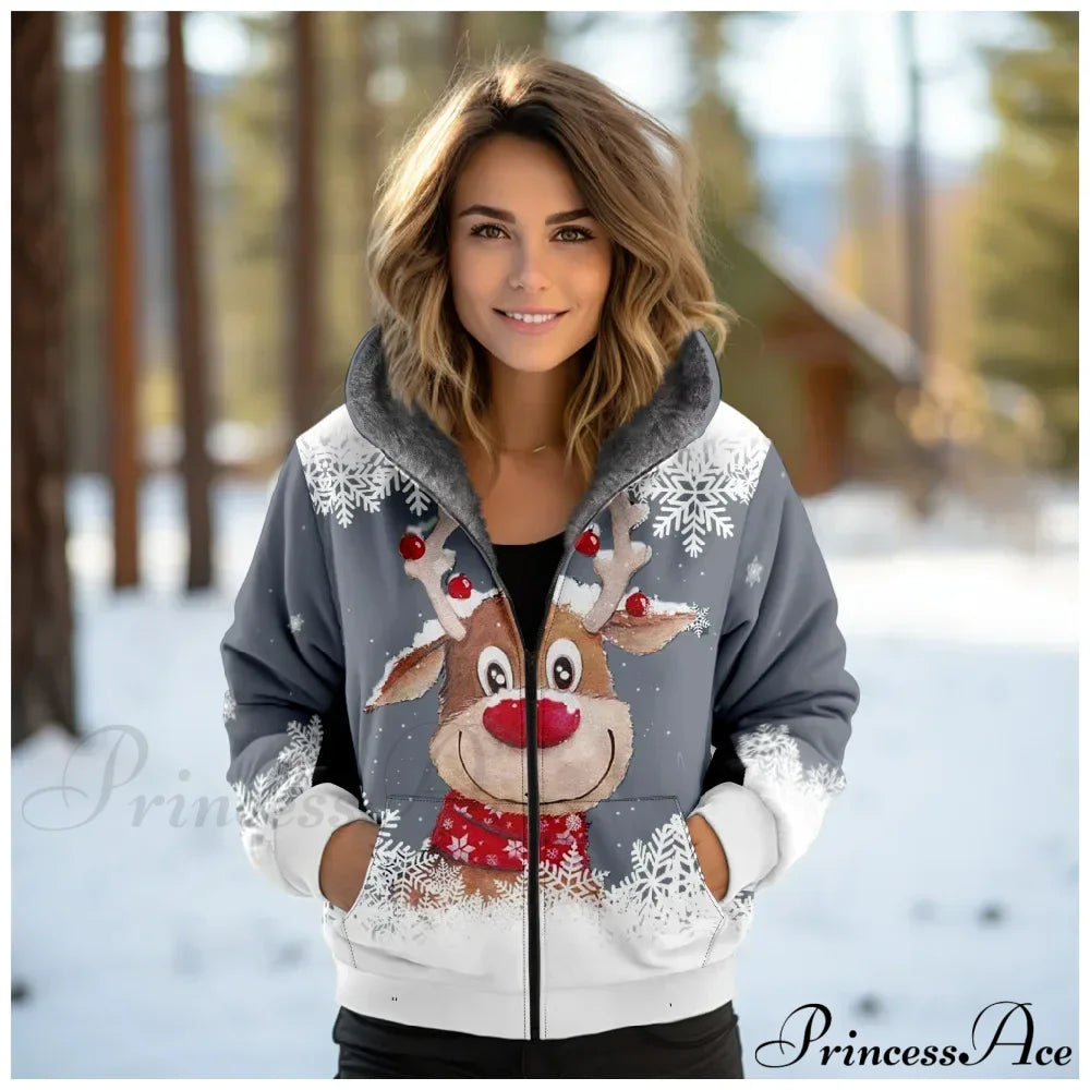 Christmas Fleece Deer Print Coat Green 3 / Xxs Coats-241208