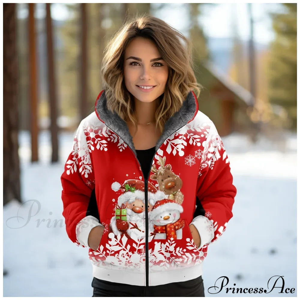 Christmas Fleece Deer Print Coat Red 1 / Xxs Coats-241208