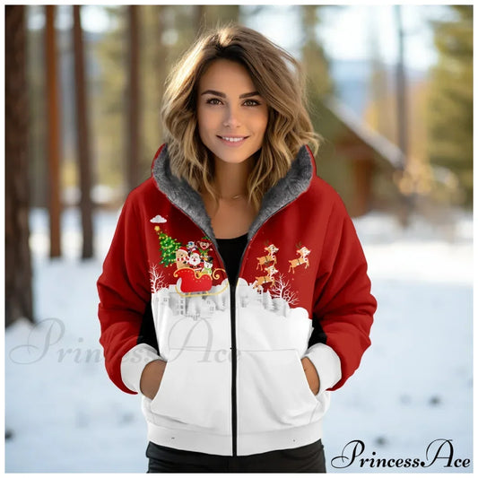 Christmas Fleece Deer Print Coat Red 2 / Xxs Coats-241208