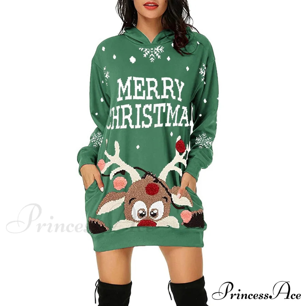 Christmas Hoodie Bag Hip Pocket Elk Sweater Dress Green / S