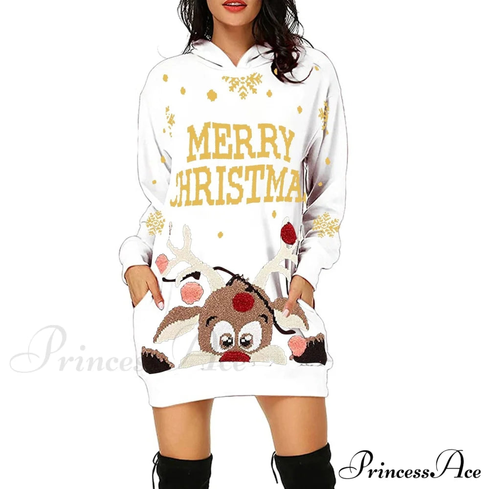 Christmas Hoodie Bag Hip Pocket Elk Sweater Dress White / S