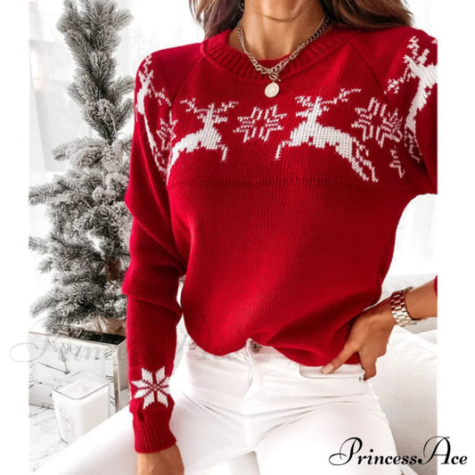 Christmas Knitted Long Pullover Sweater Red / S Sweaters-L