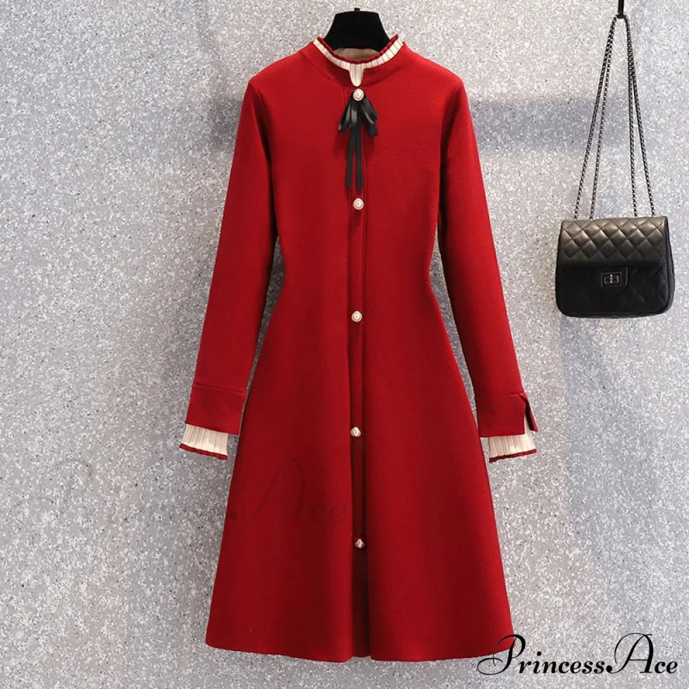 Christmas Mini Sweater Thick Long Sleeve Knitted Dress Red / S