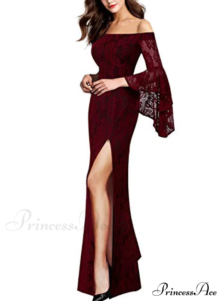 Christmas Off Shoulder Bell Sleeve Formal Evening Maxi Dress Dark Red Lace / Xx-Large