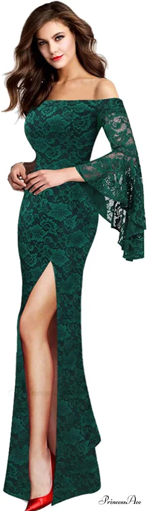 Christmas Off Shoulder Bell Sleeve Formal Evening Maxi Dress Green Lace 2 / Large