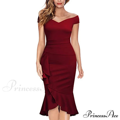 Christmas Off Shoulder V-Neck Ruffle Pleat Waist Formal Dress