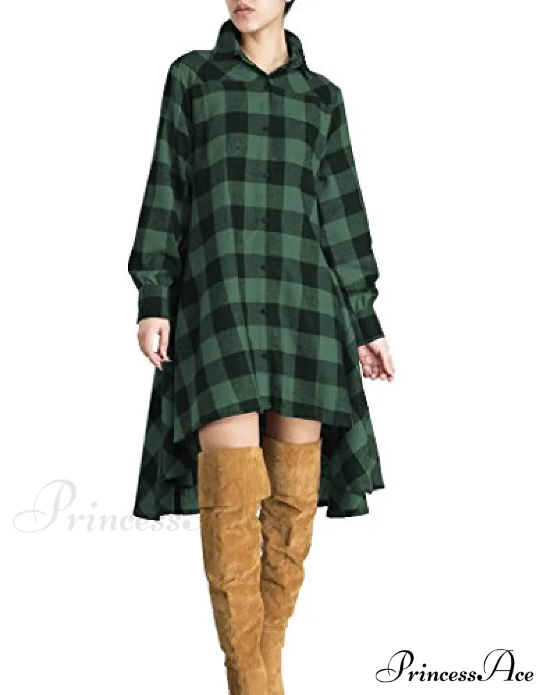 Christmas Plaids V Neck Long Sleeve Irregular Hem Dress