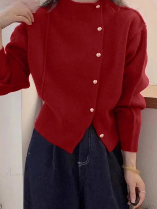 Christmas Red Puff Sleeve Button-Up Elegant Knitted Cardigan Red / S cardiagn-250126