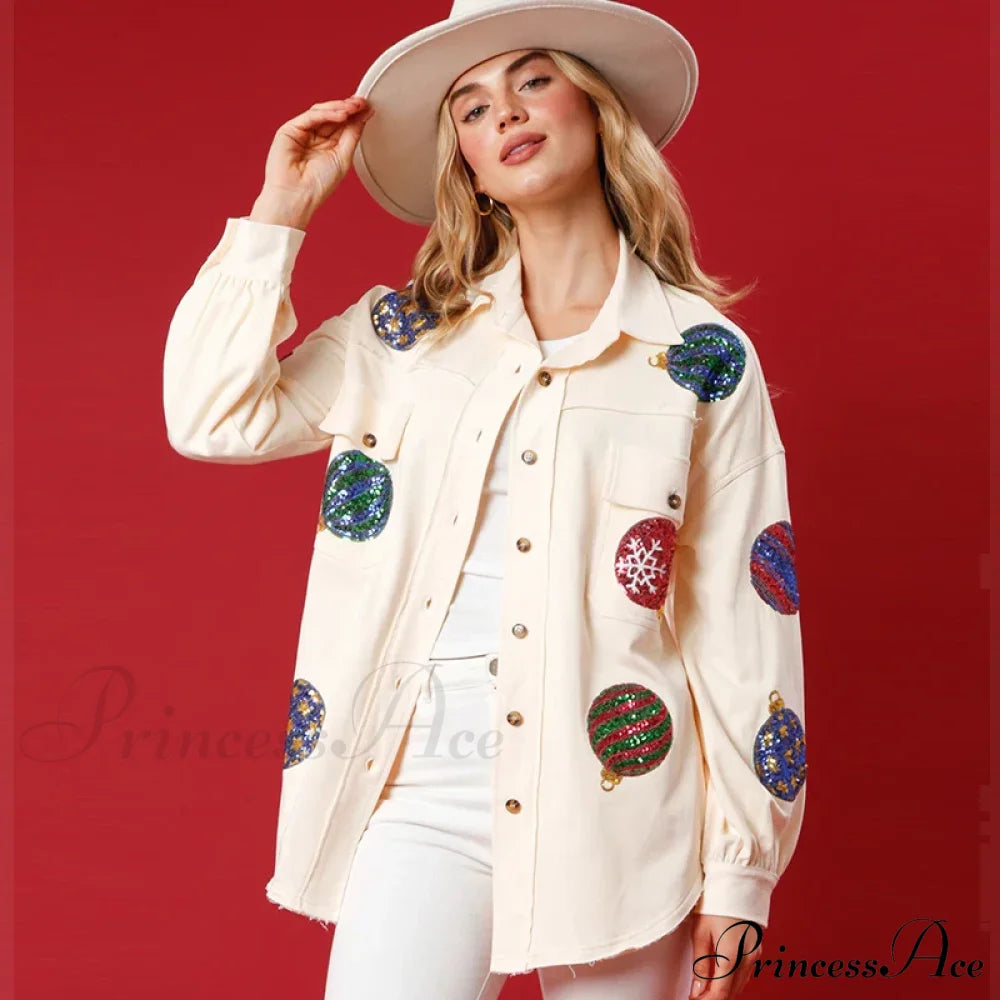 Christmas Sequin Lapel Cardigan Coat Beigewhite / S Coats-241208