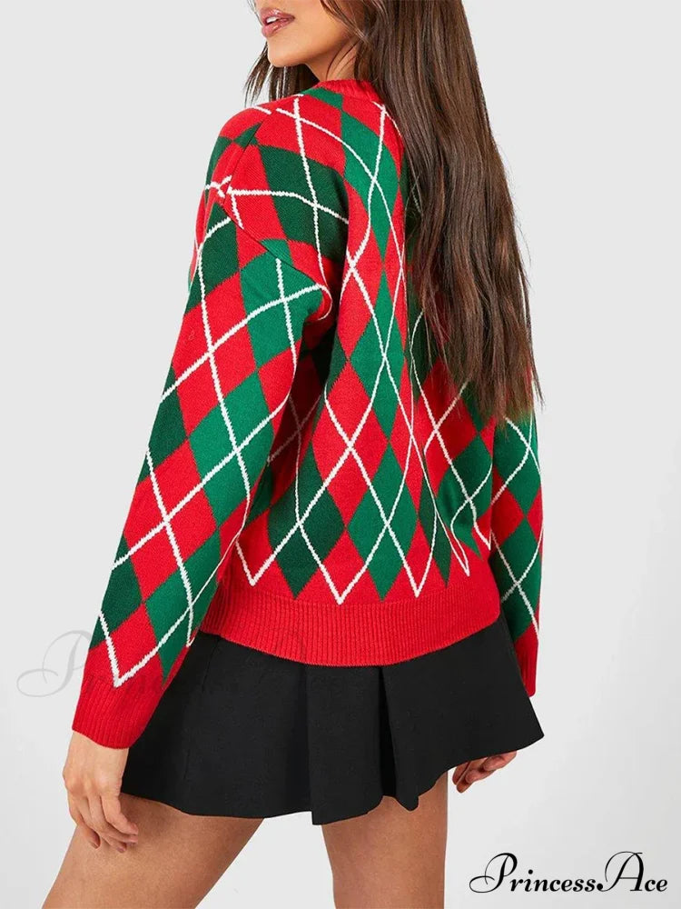 Christmas Sweater Button Diamond Cardigan Cardigan-241208