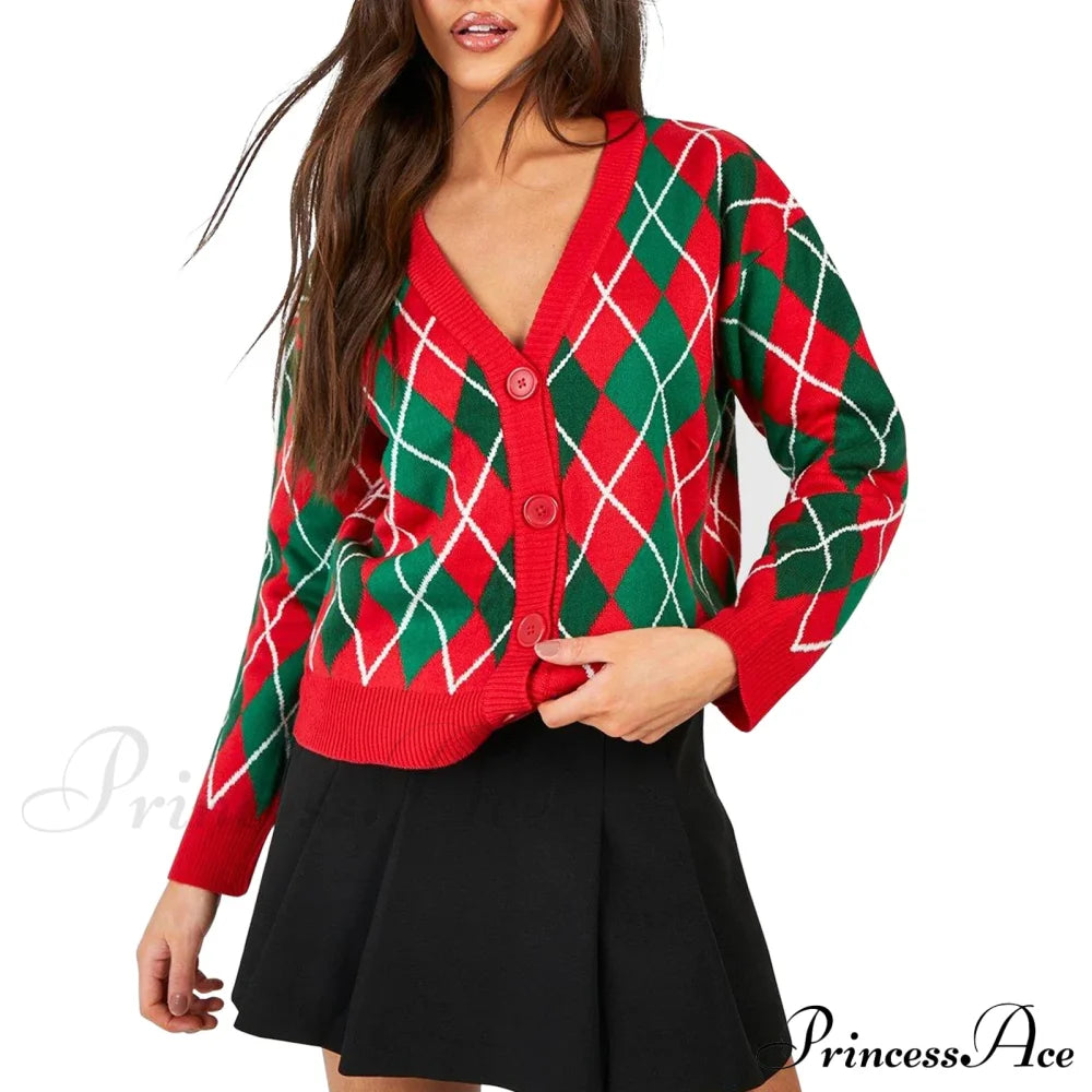 Christmas Sweater Button Diamond Cardigan Red / S Cardigan-241208