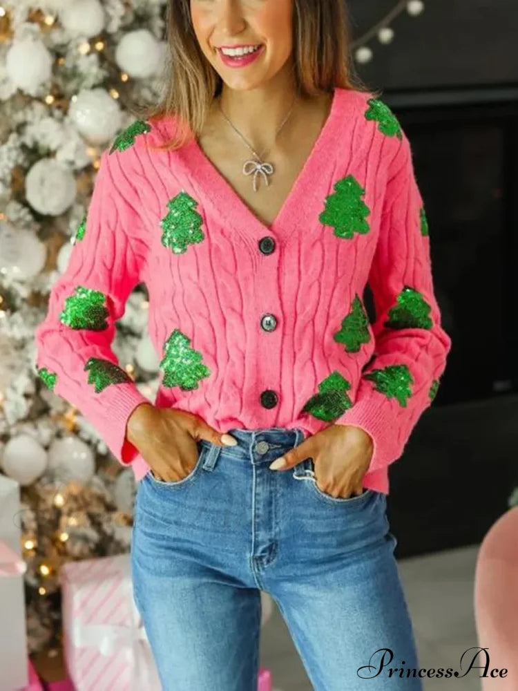 Christmas Tree Glitter V-Neck Button Cardigan Pink / S Cardigan-241208