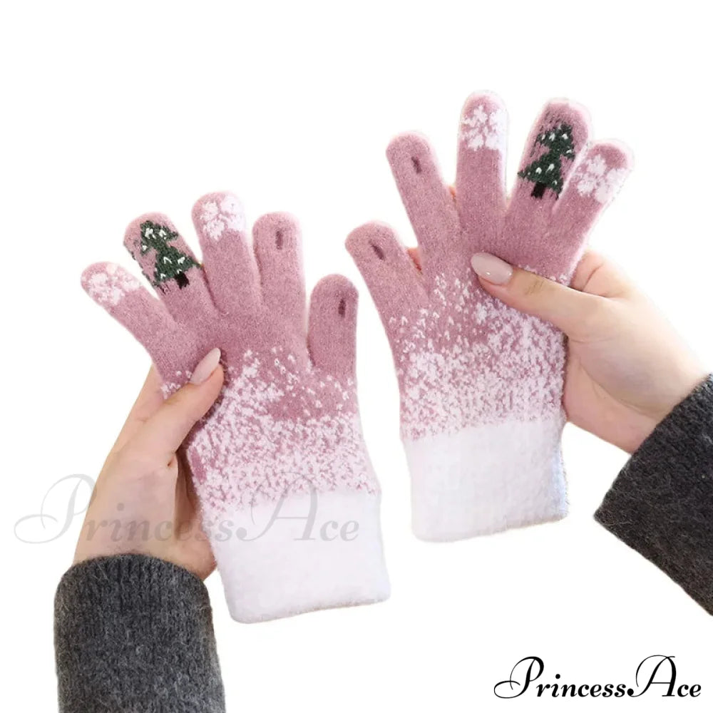 Christmas Tree Knit Full Finger Skiing Touchscreen Winter Glove Pink / M Gloves-L